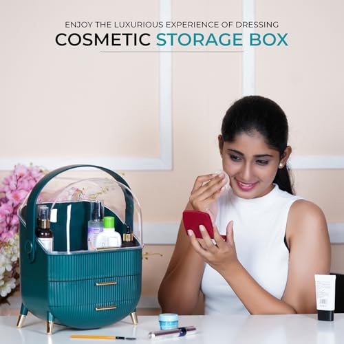 Makeup Cosmetic Organizer Box with Drawer Storage - Plastic Oval Storage Organizer with Turn Lock, Large Capacity for Women¡¯s Skincare and Beauty Products (Green)
