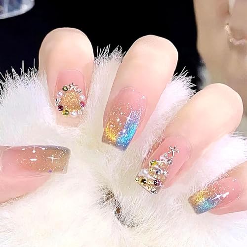 TUOKAY Merry Christmas Press on Nails Cat Eye Effect Christmas Tree Snowflake Glossy Glitter Fake Nails False Nails for Women and Lady,10pcs (Christmas Cat Eye Type 1)