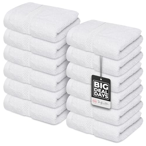 Infinitee Xclusives Premium White Hand Towels 6 Pack, 16x28 Inches, Hotel and Spa Quality + Washcloths Set ? Pack of 12, 13x13 Inches 100% Cotton Wash Cloths for Your Body and Face Towels