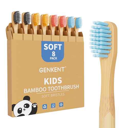 GENKENT 8 Counts Kids Bamboo Toothbrushes BPA Free Soft Bristles Travel Tooth Brush Natural Charcoal Toothbrush