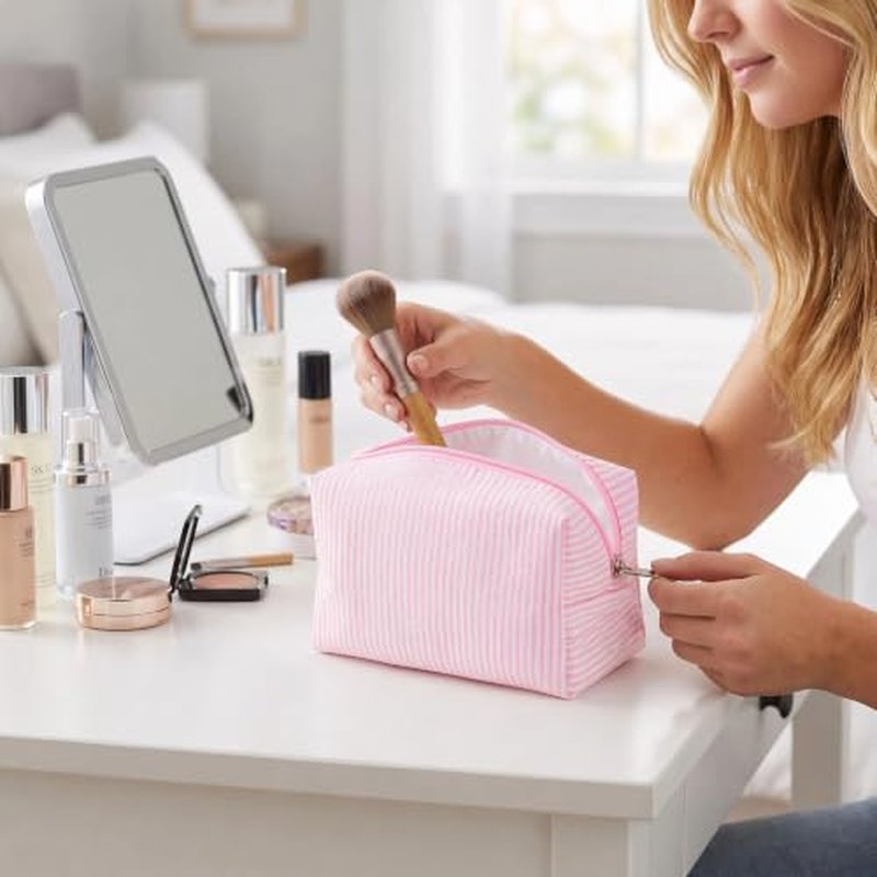6-Pack Cute Seersucker Makeup Bags - Portable Travel Organizer