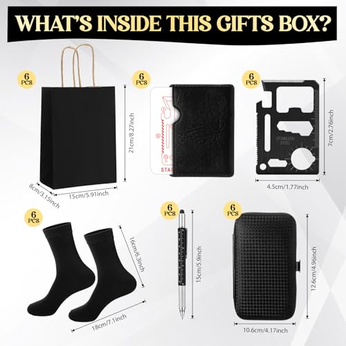 6 Sets Christmas Gifts Baby Shower Game Prizes for Men Include Black Kraft Paper Gift Bags Manicure Kit Tools Socks Pens 11-in-1 Survival Card Tool for Men Husband Father(Black)