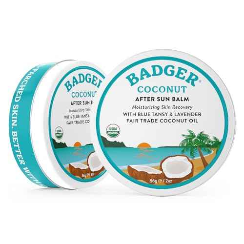 Badger Coconut AfterSun Balm, 100% Organic Soothing Sunburn Relief, Great Smelling, Moisturizing & Hydrating After Sun Skin Care, 2 oz Tin