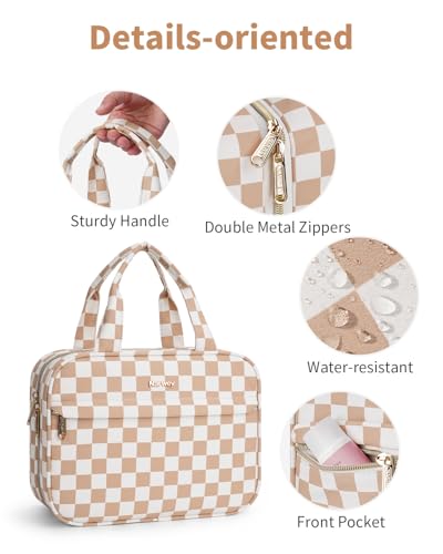 Narwey Light Brown Checkerboard Hanging Travel Toiletry Bag for Women, 4-Compartment Organizer