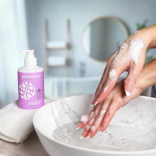 Purezero Lavender & Vitamin E Hand Soap Soothing & Hydrating, Paraben-Free & Vegan Liquid Hand Wash for Bathroom or Kitchen, USA-Made, Cruelty-Free, 10 ounces (3 Pack)