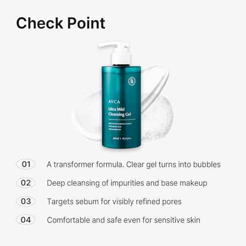 AVCA Ultra Mild Cleansing Gel Face Wash 300 mL (10.14 fl oz) - Gentle Hydrating Cleanser, Hyaluronic Acid & Niacinamide, Heartleaf Extract, Low-Irritation Foaming Rinse