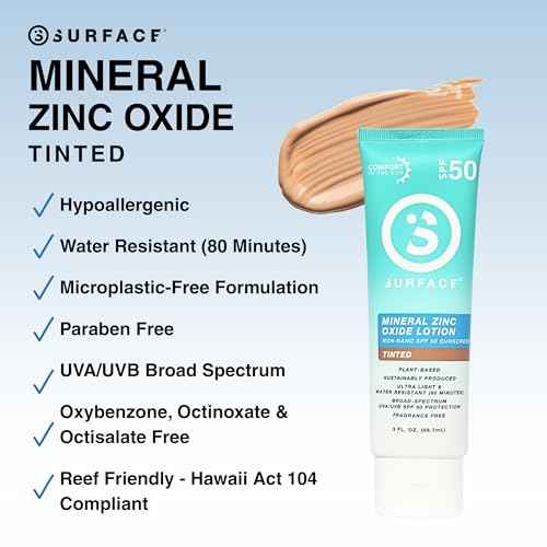 Surface Mineral Sunscreen Lotion SPF 50, Lightweight Non-Nano Zinc Oxide Formula, Reef Friendly, Broad Spectrum UVA UVB Protection, Water Resistant Sun Care for 80 Minutes Outdoor Use, Tinted, 3oz