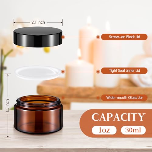 Domensi 60 Pcs 1oz Glass Jars with Lids Bulk Salve Tins Winter Cream Container Small Glass Candle Cosmetic Jars for Travel Lip Balm with Inner Liners for Lotion Sample Cream(Amber, Black Lid)