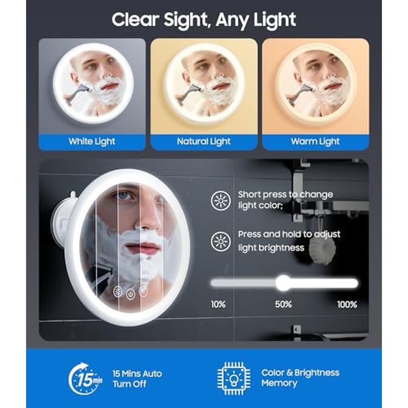 3X Magnifying Lighted Shower Mirror Fogless for Shaving, 5000mAh Rechargeable 8.3¡± Heated Fog Free Shower Shaving Mirror with Light 3 Colors Dimmable, 360¡ÆSwivel Magnetic Design for Men, NO-Drilling