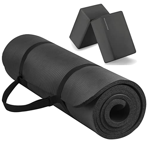 Signature Fitness All Purpose 1/2-Inch Extra Thick High Density Anti-Tear Exercise Yoga Mat with Carrying Strap and Yoga Blocks, Black