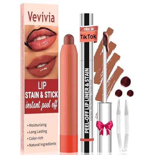 Vevivia Lip Stain Set - Peel Off Lip Stain and Lip Balm, Long Lasting Lip Liner Stain with Natural Finish, Moisturizing Lip Balm for Dry Lips, Hydrating Gloss, Waterproof, Smudge-proof, Brown