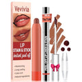 Vevivia Lip Stain Set - Peel Off Lip Stain and Lip Balm, Long Lasting Lip Liner Stain with Natural Finish, Moisturizing Lip Balm for Dry Lips, Hydrating Gloss, Waterproof, Smudge-proof, Brown