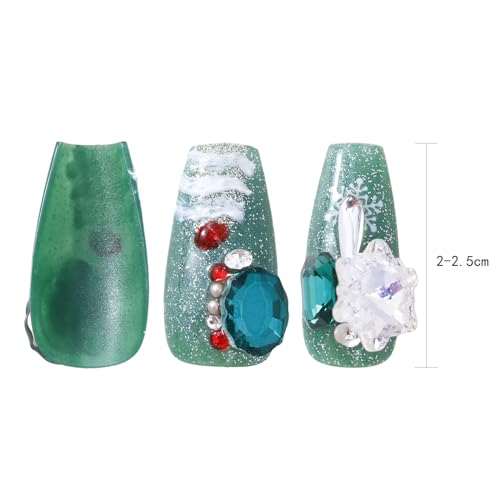 Fake Nails Handmade Press on Nails 3D Rhinestone Stylish Gel Reusable 10pcs Long Coffin Fake Nails Suitable for Halloween and Christmas (Red and Green-M)