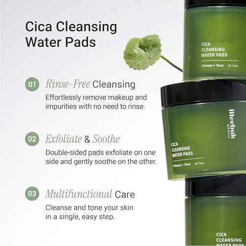 Meebak Cica Cleansing Water Pads | Korean Makeup Remover Wipes | Micellar Water Makeup Remover Wipes | Exfoliating Toner Pads for Glass Skin | Hydrating & Calming for Sensitive Skin - 80ct