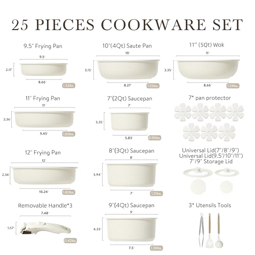 CAROTE 25pcs Detachable Handle Pots and Pans Set, Nonstick Cookware Set, Removable Handle Pots and Pans Non Stick, RV Oven Safe Cookware, Induction Kitchen Set, Cream White