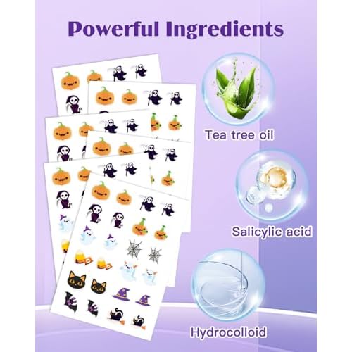 Halloween Acne Pimple Patches Cute - 144 Count Hydrocolloid Pimple Patches for Face, Spot Treatment Stickers w/Salicylic Acid & Tea Tree Oil for Zits and Blemishes, 2 Sizes & 12 Patterns