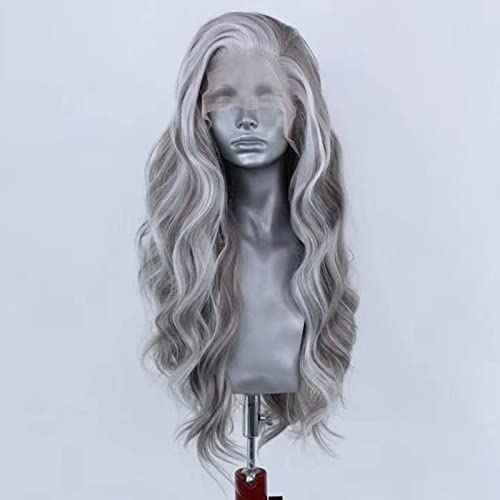 RONGDUOYI 24Inch Grey Mixed White Natural Wave Wig for Women Highlight Lace Front Wig with Natural Hairline Free Part Synthetic Daily Wear Wig