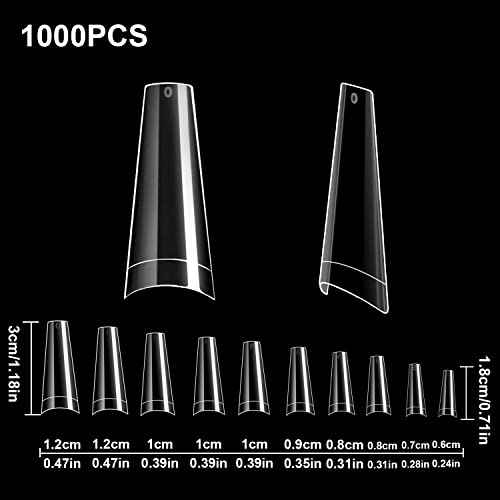 FEBSNOW 1000 PCS French Coffin Ballerina Nail Tips Acrylic Nails Artificial Half False Flake Nail Tips 10 Sizes with Boxes Clear Plastic Cases for Nail Salon Shop DIY Nail Art Ballerina Nails (Clear)