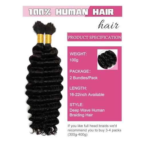 Human Braiding Hair 1 Bundles/Pack 100g 22 Inch Deep Wave Curly Bulk 100% Human Hair for Braiding No Weft 10A Brazilian Virgin Human Hair Extensions for Boho Braids Natural Black Wet and Wavy