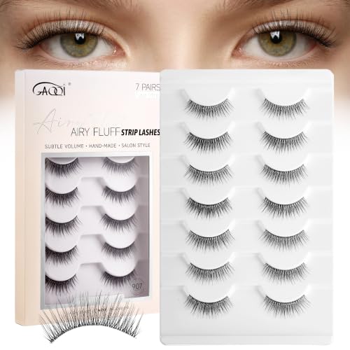 GAQQI Natural Wispy False Eyelashes C-907 - Thin Clear Band, Reusable 7 Pairs