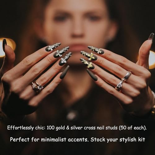 100 Pcs Cross Nail Charms Gold and Silver, 50 Each, Y2K 3D Silver Gold Charms Accessories for Nail Decorations