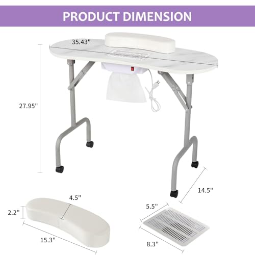 AGESISI Portable Manicure Table Foldable Nail Desk with Dust Collector