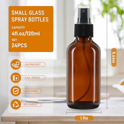 Jaisie.W 24-Pack 4 oz Amber Glass Spray Bottles - Leakproof & Refillable