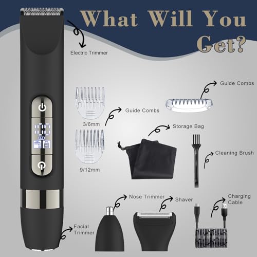 Hatteker 4 in 1 Multifunctional Dual - Head Body Hair Trimmer for Men, IPX7 Waterproof Groin & Body Hair Groomer, Rechargeable Body Electric Shaver Razor