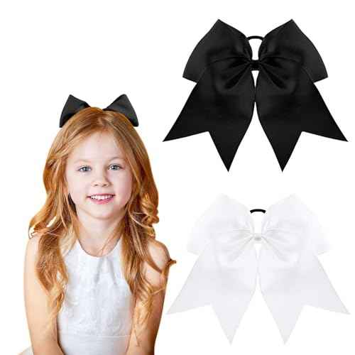 2Pcs Cheer Bows - Ponytail Holder Elastic Band Bows - Hair Accessories for Girls - Softball & Cheerleading (8inch, White & Black)