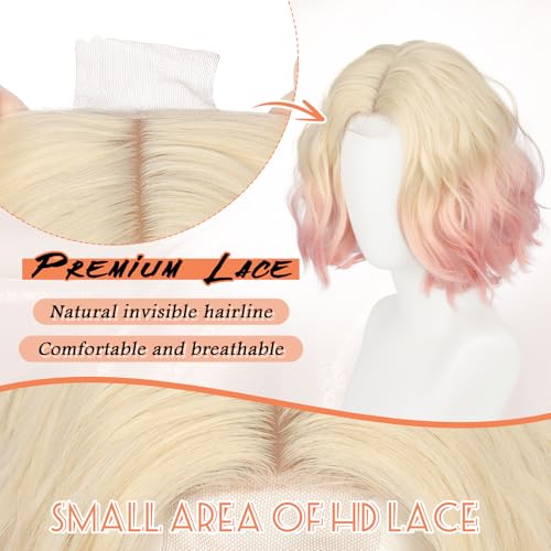 Pink Bob Wig with Lace Front - Short Wavy Synthetic Hair