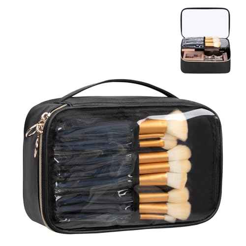 OCHEAL Clear Makeup Bag, Portable Cosmetic Organize,Travel Makeup Bag Cute Clear Pouch For Women and Girls Cosmetics Bags with Divider Makeup Brush Compartment-Black PU Leather
