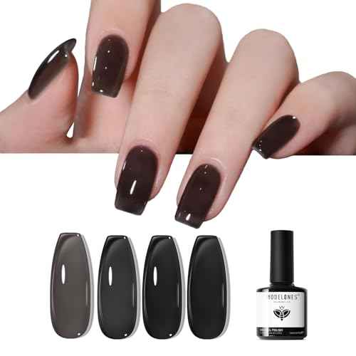 modelones Jelly Nude Black Gel Nail Polish 15 ML 1 Pcs Sheer Neutral Translucent Black Gel Polish Soak Off U V LED Nail Lamp Glassy Jelly Long Nails DIY Home for Women