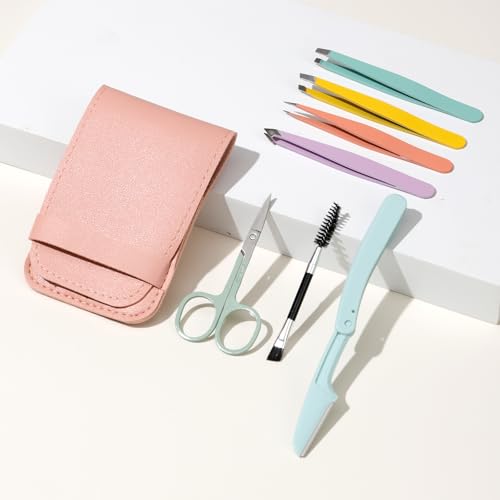 MSQ 7pcs Eyebrow Tweezers Kit with Travel Bag for Women 4Pcs Professional Stainless Steel Tweezers and Brow Scissors & Razor & Spoolie for Facial, Chin, Eyebrow, Splinter and Ingrown Hair
