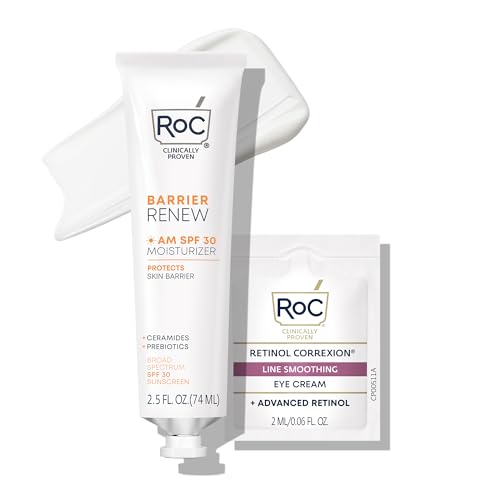 RoC Barrier Renew Day Cream with SPF 30, Moisturizer with Ceramides & Prebiotics to Protect Skin Barrier, (2.5 oz) with Retinol Eye Cream Packette