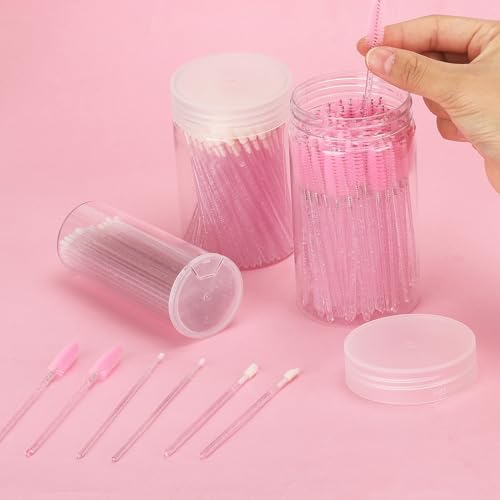 1500 PCS Eyelash Extension Supplies Kit, 500 Spoolies Mascara Wands 500 Lip Brushes 500 Micro Swabs Pink, Disposable Eyelash Brushes Makeup Applicator Tool with 3 Reusable Containers