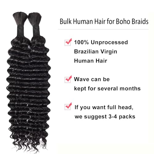 20 Inch Human Braiding Hair for Boho Braids Human Hair 100g 2 Bundles Deep Wave Bulk Human Hair for Braiding No Weft Curly Braiding Hair Bulk Hair Extensions Real Human Hair Natural Color