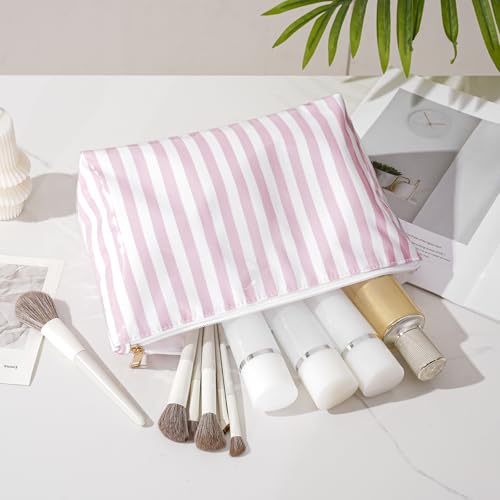 Large PVC Waterproof Striped Makeup Bag,Clear Coated Cosmetic Bags,Easy to Clean,Travel Organizer Zipper Pouch Beach Vacation Essentials for Women Girls(04Pink Stripe)