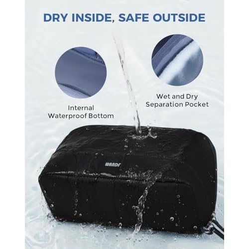WANDF Toiletry Bag for Men, PU Leather Travel Organizer with Detachable Waterproof Hanging Pouch, Open-Flat Dopp Kit Shaving Bag with Wet Pocket for Travel Toiletries Accessories (Black)