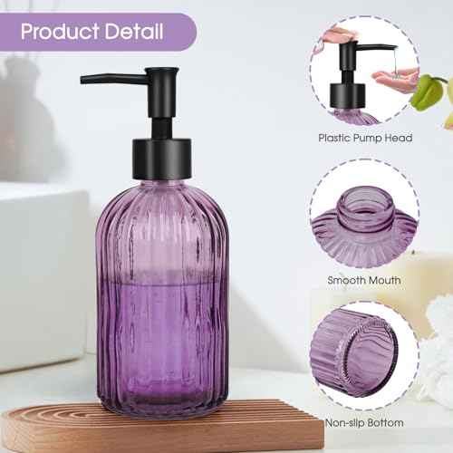 Topsky Stripe Glass Soap Dispenser with Black Plastic Pump, 400ml Liquid Hand Soap Dispenser, Rustproof Pump for Kitchen & Bathroom, Great for Lotions, Essential Oil, Liquid Soaps-Purple