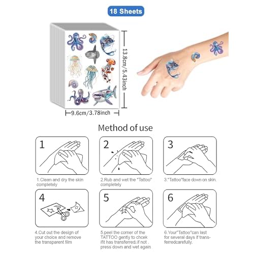 YanZonic 210Pcs Ocean Life Temporary Tattoos - Shark Tattoos Temporary for Kids, Whale Jellyfish Octopus Tattoo Non-Toxic, Under the Sea Party Decorations, Aquatic Marine,18 Sheets