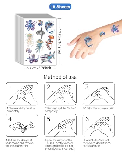 Ocean Life Temporary Tattoos - 210 Pcs, 18 Sheets