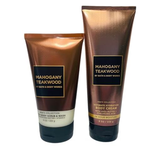 Bath & Body Works Men's Mahogany Teakwood Body Care Set: Exfoliating, Moisturizing Scrub & Cream Set of 2