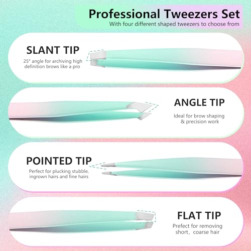 Tweezers and 10X Magnifying Mirror Kit with Travel Leather Case, Eyebrow Tweezer Set for Women & Men, Great Precision for Facial Hair, Splinter and Ingrown Hair Removal - Starry Green