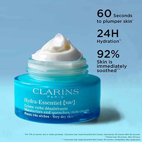 Clarins Hydra-Essentiel Rich Cream|Intensely Hydrating Moisturizer|60 Seconds to Plumper Skin*|Nourishes, Softens and Soothes|Double Dose Hyaluronic Acid|Very Dry Skin Type|1.7 Ounces
