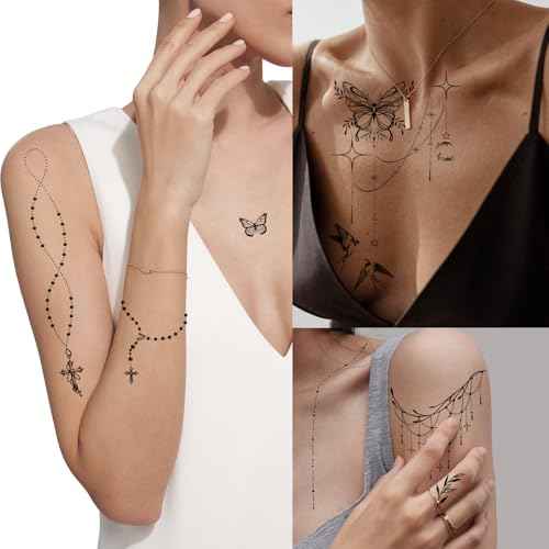 200+PCS Temporary Tattoos for Women, Waterproof Black Realistic Rose Hummingbird Necklace Tattoos Sketch Fake Tattoo for Women Body Art Arm Neck Hands Chest Neck Collarbone Spine Back