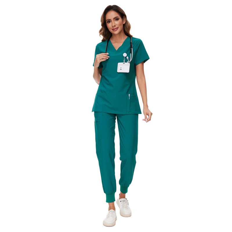 COZYFIT Scrubs for Women Set - Stretch V-Neck Scrub Top & Jogger Pant with 8 Pockets, Yoga Waistband, Anti Wrinkle, Slim Fit Women Scrubs