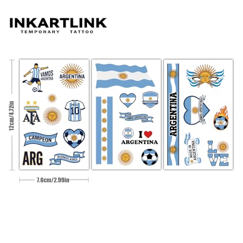 INKARTLINK 3 Sheets Argentina Flag Temporary Tattoos Waterproof & Realistic