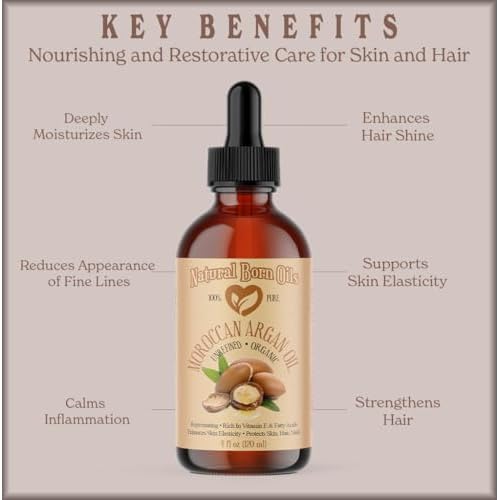 Natural Born Oils Moroccan Argan Oil. 2oz. 100% Pure and Natural, Cold-pressed, Organic. Natural Moisturizer for Your Skin and Hair