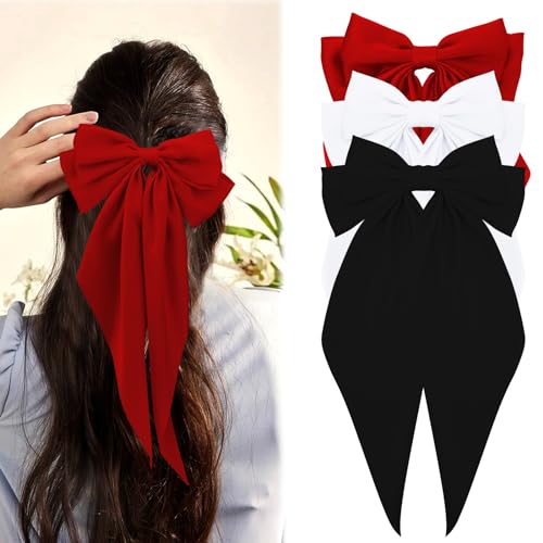 Hapdoo 3PCS Satin Bow Clips with Long Tails - Large Soft Hair Accessories for Women and Girls, 3 Colors