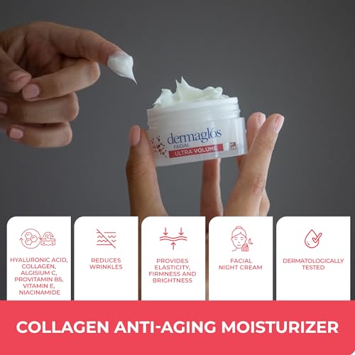 Dermaglos Ultra Volume Anti-Aging Night Cream with Hyaluronic Acid, Collagen and Niacinamide, Hydrating and Firming Face Moisturizer, Improves the Appearance of Wrinkles & Skin Volume, 1.76 Oz